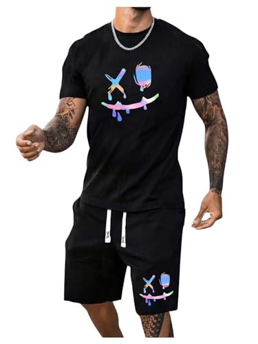 GORGLITTER Men's 2 Piece Outfits Reflective Shorts Sleeve T Shirt and Shorts Sets Drippy Clothes Rave Outfits