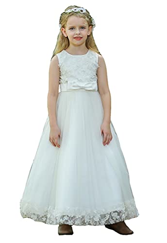 Bow Dream 3D Flower Girl's Dress Tulle Full Length Wedding Junior Bridesmaid Evening Formal Gown