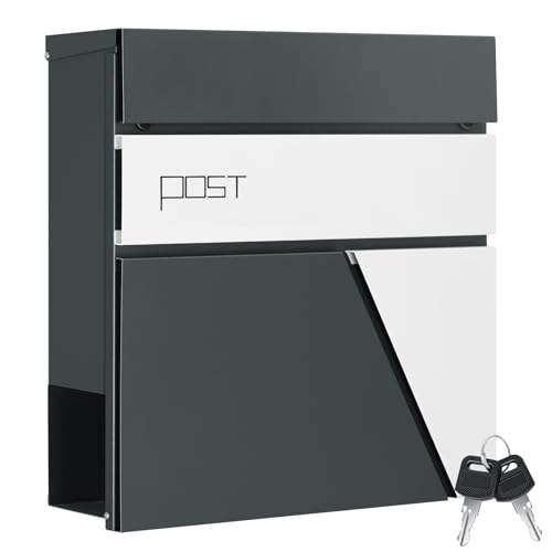 WOLTU Cassetta Postale da Esterno, Cassetta delle Lettere da Muro, con Coperchio a Ribalta, 2 Chiavi e Serratura, Scomparto Aperto per Giornali, Antracite+Bianco, 37x10,5x37cm,