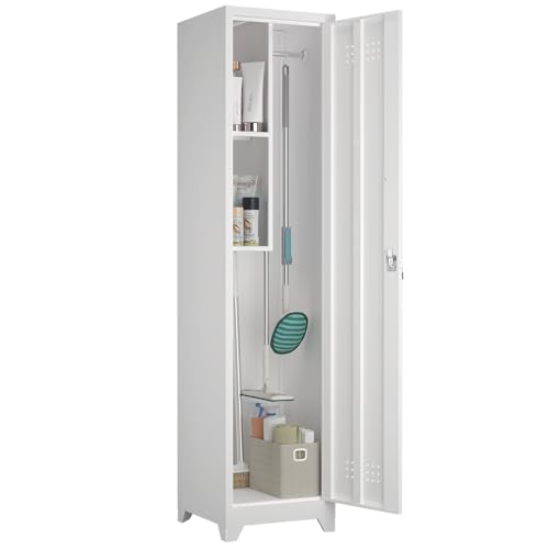 Image of Slim Broom Storage Cabinets, Metal Cabinet with Shelves and Hanging Rod, 15.75 inch W Utility Storage Cabinet with Locking Door, Slim Cabinet for Small Spaces, Kitchen, Pantry, Office, Shop