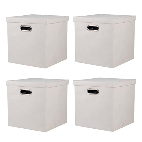 Image of ArcaGuru Storage Bins with Lids, Collapsible Linen Fabric Boxes Organizer Containers with Lid Foldable Storage Box Basket for Closet, Shelves, Home, Office, 12 x 12 x 12.4 Inch, 4 Pack, Beige