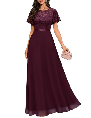 DRESSTELLS Wedding Guest Dresses for Women, Formal Wedding Dresses for Bride Bridesmaid Prom Cocktail Party Long Dress with Ruffle Sleeves for Mother of the Grooms, Burgundy XL