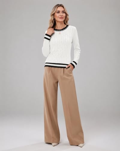 Image of Rapbin Women's Contrast Trim Knit Sweater Long Sleeve Crew Neck Pullover | Color Block Soft Lightweight Regual fit,Business Casual Work,Fashion Versatile Fall Spring Outfits,Winter Layer Clothing