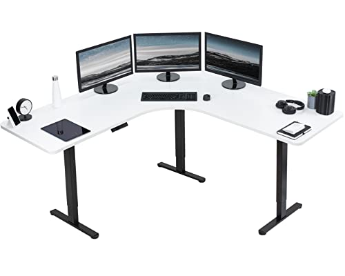 Image of VIVO Electric Height Adjustable 71 x 71 inch Curved Corner Stand Up Desk, White Table Top, Black Frame, Memory Controller, L-Shaped Workstation, E3C Series, DESK-KIT-E3CBW
