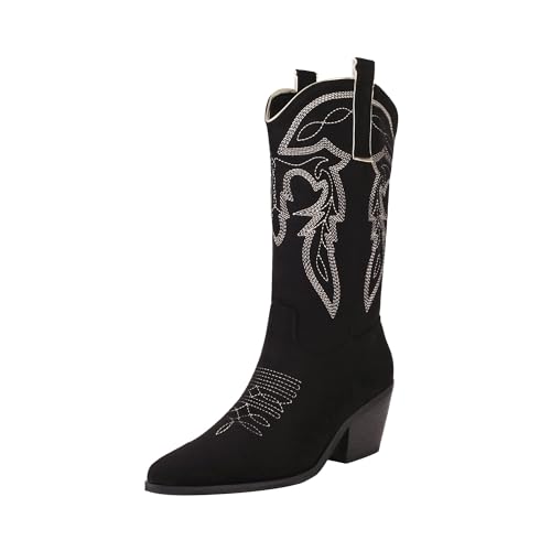 Image of Reitoye Cowboy Boots Women Knee High Cowgirl Embroidered Chunky Heel Boots | Block Chunky Heel,Pointed Toe,Half Side Zipper & Pull Tab,Embroidered Tall Boots,Fall Summer Spring Winter Dress Long Boots