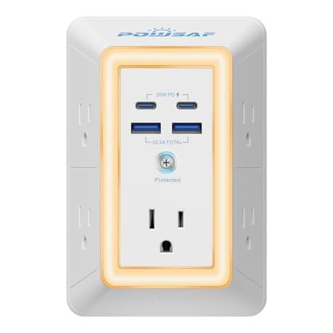 Multi Plug Outlet Surge Protector - POWSAF 5 Outlet Extender with 4 USB Ports(2 USB-C Fast Ports) and Night Light, 3-Sided Power Strip with Adapter Spaced Outlets - ETL, White Cover