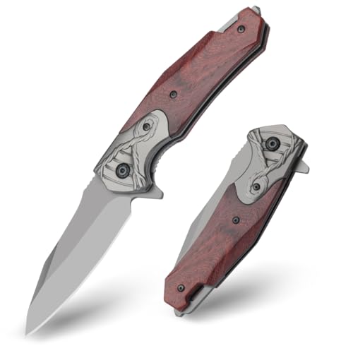 KNOVATET Pocket Knife for Men Multitool Folding Knives with Glass Breaker Safety Liner-Lock,Rosewood Ergonomic Handle EDC Knives Gifts