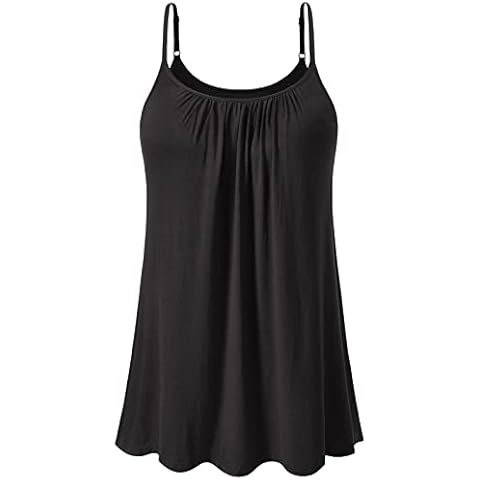 Air Curvey Camisole for Women Bulid in Bra Casual Flowy Cami Adjustable Spaghetti Strap Tank Top Pleated Loose Fit Black L Cover
