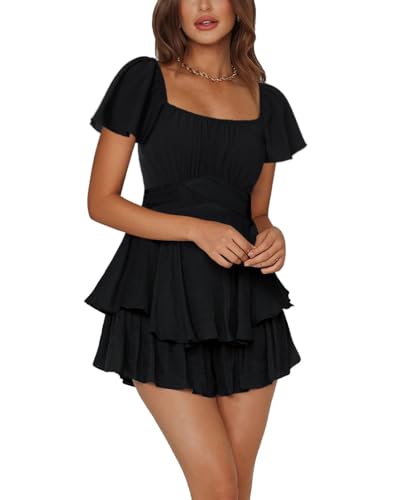 Image of Rooscier Women's Jumpsuit Short Sleeve Ruffle Layer Square Neck Tie Mini Short Rompers