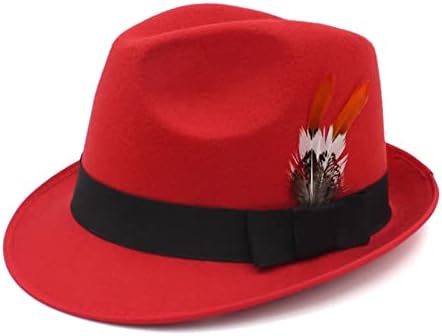 MUMUWU Red Fedora Hat for Men England Elegent Gentleman Hat with Feather Men's Jazz Hat