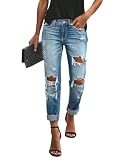 HipGlamp Distressed Ripped Denim Pants High Waisted with Frayed Edges, Retro Straight Leg Casual Outfits Blue