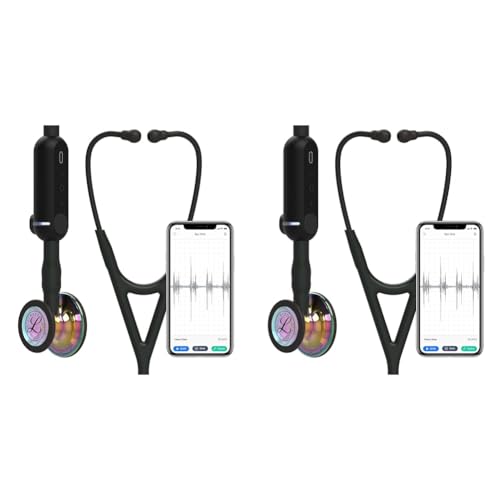 3M Littmann CORE Fonendoscopio Digital, 8572, Campana De Acabado De Alto Brillo En Arcoíris, Con Tubo, Vástago Y Auricular De Color Negro, 69 cm (Paquete de 2)