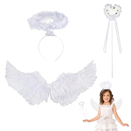 Alas De Ángel Disfraz Alas De ángel Blanco 60 * 35cm Juego De Alas De Ángel Alas De Plumas con Aureola Y Varita Mágica Plumas Ángel Alas para Halloween,Cosplay, Fiestas De Disfraces（3 Piezas）