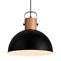ELYONA Dome Pendant Light for Kitchen Island 12" Modern Hanging Lamp Rubber Wood Matte Black Metal Shade Adjustable Industrial Pendant Light Fixtures for Farmhouse Dining Room Bar Living Room Hallway