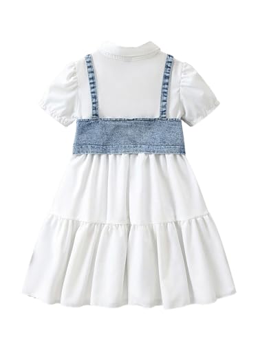 MakeMeChic Girl's 2 Piece Outfits Pearl Beaded Denim Top and Ruffle Tiered Shirt Dress Set2