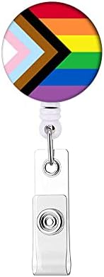 Pride Month Inclusive Progress Pride Rainbow LGBTQ Flag Badge Reels Retractable, with Clip and Key Ring, 24 inches Thick Pull Cord