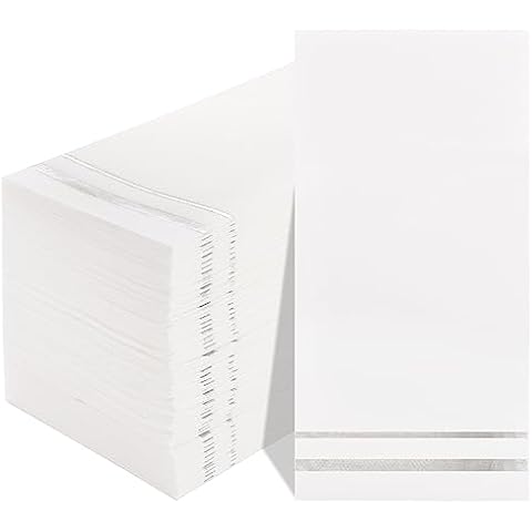 Hioasis 100pcs White and Silver Napkins Disposable,Silver Foil Elegant Dinner Napkins, Premium Quality Disposable Napkins for Bathroom Wedding Holiday Anniversary Birthday Party Bridal Shower Cover