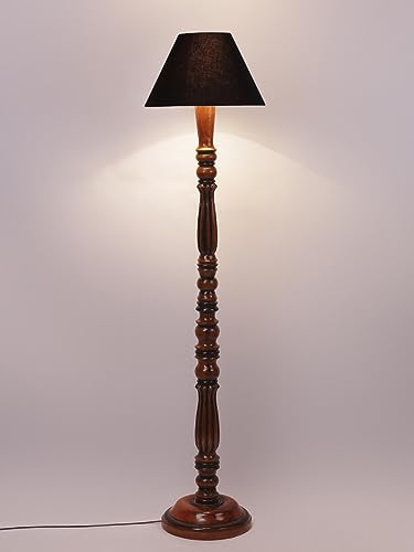 Image of Floor Lamp with Wooden Base - Height 55 inch, Black | Modern Standing Lamp for Living Room, Bedroom & Office | Stylish & Elegant Home Lighting Decor | Tall Decorative Lamp