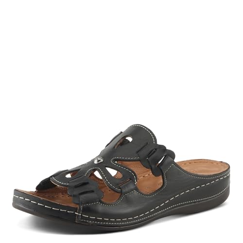 Spring Step Women's MEZERA Genuine Leather Slide Sandal – Flower Cut-Out Design, Contrasting Stitching, Comfortable Footbed
