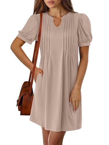 ANRABESS Women's Summer Puff Short Sleeve Casual V Neck Mini Dresses 2025 Spring Pleated T-Shirt Tunic Beach Short Dress Khaki Large
