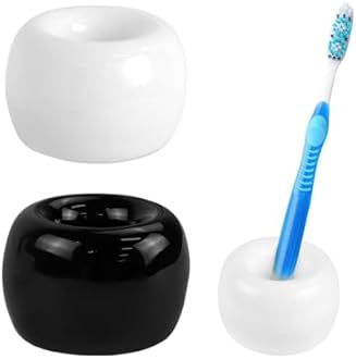 2 Pack Ceramic Toothbrush Holders for Bathroom Mini Ceramic Toothbrush Holder Toothbrush Stand for Tooth Brush Small Sleek Ceramics Toothbrush Holder for Vanity Countertops (White + Black)