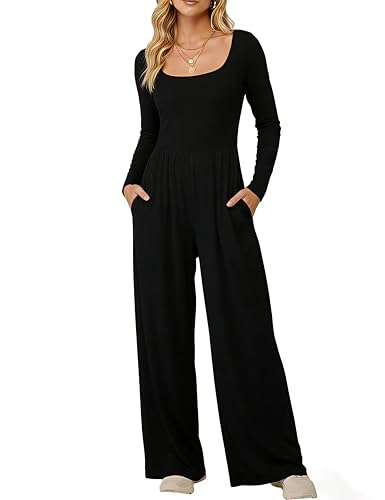 MAKABO Black One Piece Casual Jumpsuits for Women Long Rompers Square Neck Loose Fit Pant Fall Outfits for Daily Home M