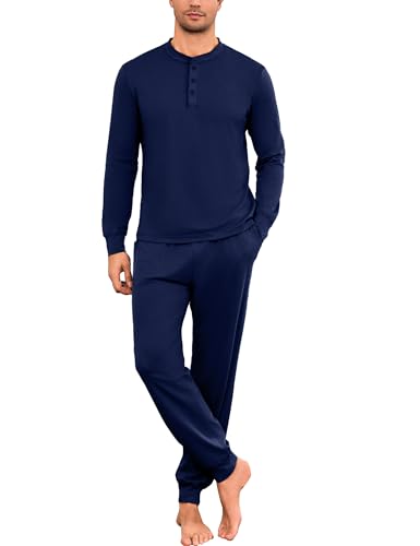 Litherday Pigiama Uomo Lungo Cotone Maniche Lunghe Caldo Completo 2 Pezzi Collo Rotondo Abbigliamento Notte Invernale (Bleu Marine, XXL)
