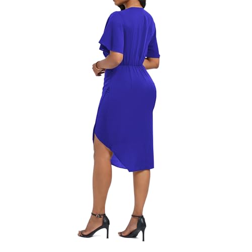 Image of Women's Wrap V Neck Asymmetrical Hem Midi Ruched Cocktail Evening Dress | Back Zipper, Regular Fit, Club Night, Semi Office Formal, Wedding Dinner Date, Flutter Short Sleeve, High Low Irregular Hem