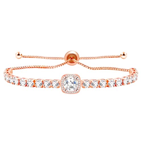 Image of Rose Plated Gold Brass Box Chain Cubic Zirconia Classic Tennis Slider Adjustable Bracelet, Round Big Zircon Charm Give Woman Mom Mother's Day Fashion Crystal Gift