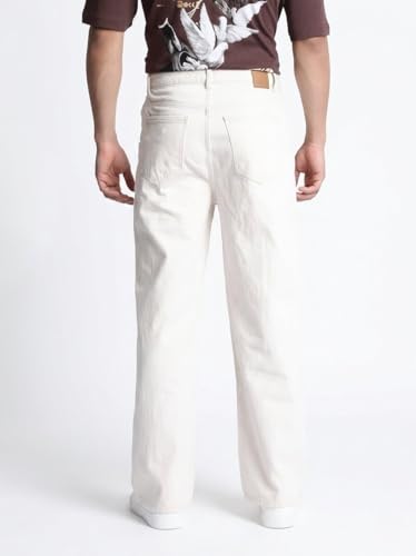 Image of Men Baggy Jeans Beige Loose Fit Cotton Blend Denim Wide Leg Stylish Casual Wear Pant