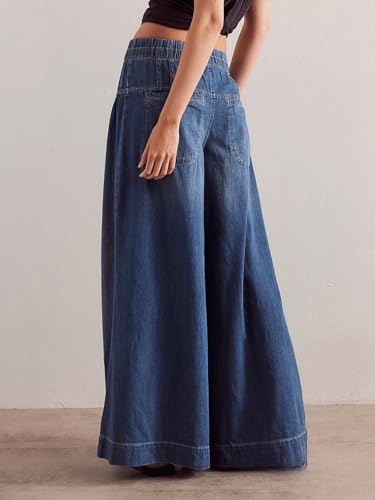 CHARTOU Women's Baggy Wide Leg Denim Pants Drawstring Midi Waisted Flare Jeans Ruffle Pleated Button Jeans2