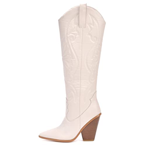 Photo 1 of Cape Robbin Encanted Chunky Western Boots for Women, Pointed Toe Cowgirl Boots with Block Heels 9 Off-white