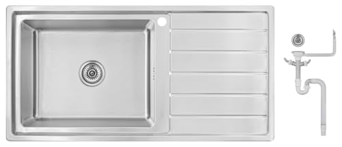 Preer-100x50x21,R20 Évier de cuisine en acier inoxydable 304, épaisseur 1,0 mm, XXL Bac 50x40 cm, 1 bac, carré, évier, égouttoir à droite