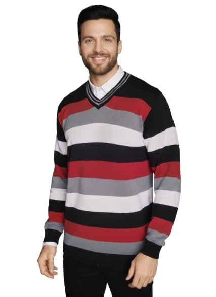 Men's V-Neck Striped Winter Sweater for Casual, Office Soft Knit Fabric | Full Sleeve Warm Pullover for Stylish Winter Outfits-picture-11