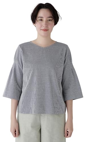 ヒューマンウーマン] 七分袖 Vネックカットソー (ジャガード