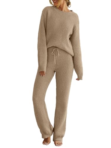 MEROKEETY Womens Pajama Sets 2025 Fall Lounge Sweater Set Cute Fuzzy Fleece 2 Piece Long Sleeve Cozy Winter Pj Outfits, Cashmere, Medium