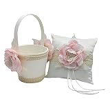 Almohada para anillos: tela satinada, flores hermosas, Parche de diamantes de imitación de perlas delante, un cinturón de cinta en la espalda para sujetar la almohada de forma segura. Tamaño: 7,8x7,8 pulgadas.