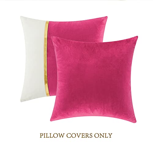 Image of Fancy Homi 2 Packs Hot Pink Decorative Throw Pillow Covers 20x20 Inch for Living Room Couch Bed Sofa, Fuschia and White Velvet Patchwork with Gold Leather, Luxury Home Decor Square Cushion 50x50 cm