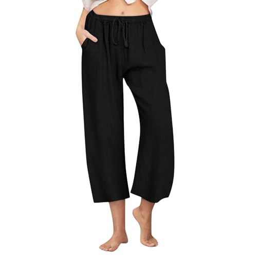 Linen Pants Women Summer Cotton Linen Capris 2025 Wide Leg Boho Pants Drawstring Vacation Beach Cropped Trouser Capris