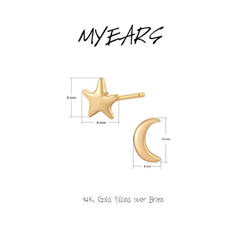 Myears Women Moon And Star Earrings Gold Stud 14K Gold Filled Small Simple Handmade Hypoallergenic Everyday Asymmetry Jewelry #TOP3
