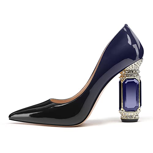 Image of JANSEVEN Women Chunky Heels Pumps Crystal Block Heels with Rhinestones Pointed Toe Sexy Gradient Patent Leather Slip on Bridal Party Wedding Dress Shoes 5-13 M US