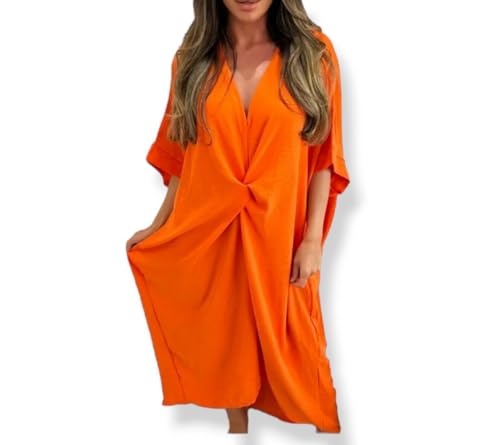Women Tie Knot Twist V-Neck Oversized Long Soft Touch Summer Smock Midi Dress Ladies Plain Batwing Sleeve Baggy Midi Dress Orange Plus Size 16-18