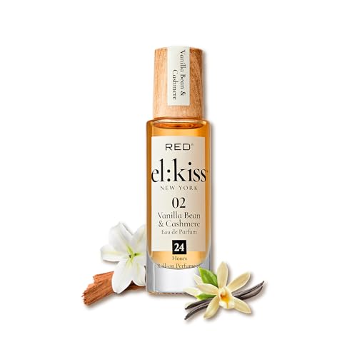 EL:KISS Roll On Perfume, Vanilla Bean & Cashmere Eau de Parfum 12mL (.40 Fl Oz), Hydrating & Long-Lasting, Alcohol-Free & Mineral Oil-Free, Infused with Jojoba, Argan & Coconut Oil