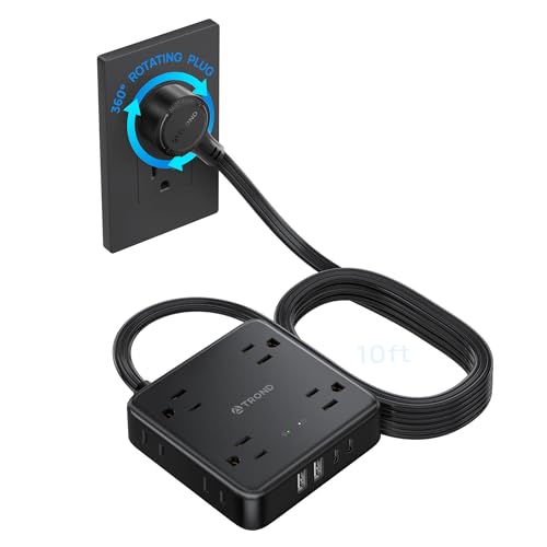 Image of TROND 360 Rotating Flat Plug Power Strip, 10FT Flat Extension Cord with Multiple Outlets 4 USB (2 USB C), Wall Mount Surge Protector 1440 Joules for Home Office Travel Dorm Room Essentials, Black