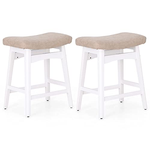 Erste!Bravo White Solid Wood Bar Stools Set Of 2 For Kitchen Counter Height Barstools With Faux Leather Saddle Seat Farmhouse Upholstered Stools For 34"-38" Counter Island, Beige Cushion & White Legs #TOP2