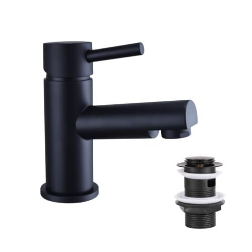 VeeBath Delta Mono Basin Mixer – Matt Black Finish, G1/2" Inlet, Single Lever, Rounded Edge Deck Mounted, Modern Design Sink Taps, Bathroom and Basin Tap