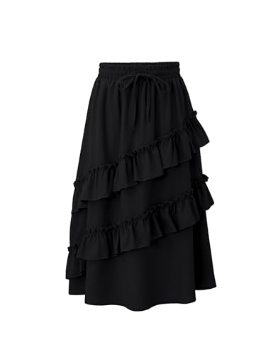Image of Girls High Waisted Ruffle Maxi Skirt Soft Cotton Long Skirts with Elastic Waistband for Kid Girl 3-12 Years