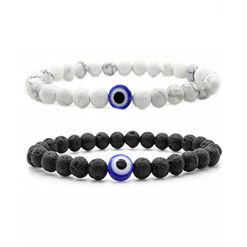 2-3Pcs Lucky Turkish Blue Evil Eye Hamsa Hand of Fatima Beaded Stretch Bracelet Elastic 7 Chakras Gemstone Lava Stone Bracelet for Women Men Good Luck Protection Amulet Jewelry