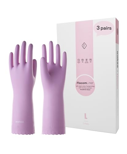 wahoo 3 Pares Guantes de Limpieza Hogar, Guantes Forrados de Algodón Flocado para Cocina, Sin Látex, Reutilizables, Impermeables, Antideslizantes, Mauve Mist, Talla L