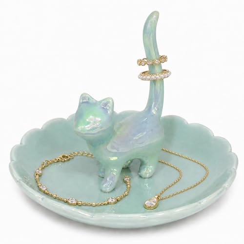 bwszrosa Cat Ring Holder Jewelry DishCeramic Trinket Tray for Rings Earrings Necklaces & Bracelets Cute Cat Jewelry Organizer for Vanity Nightstand Dresser Birthday Gift for Women Girls Cat Lovers